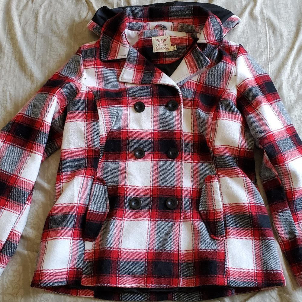Faded Glory Red & White Plaid Pea coat Jacket